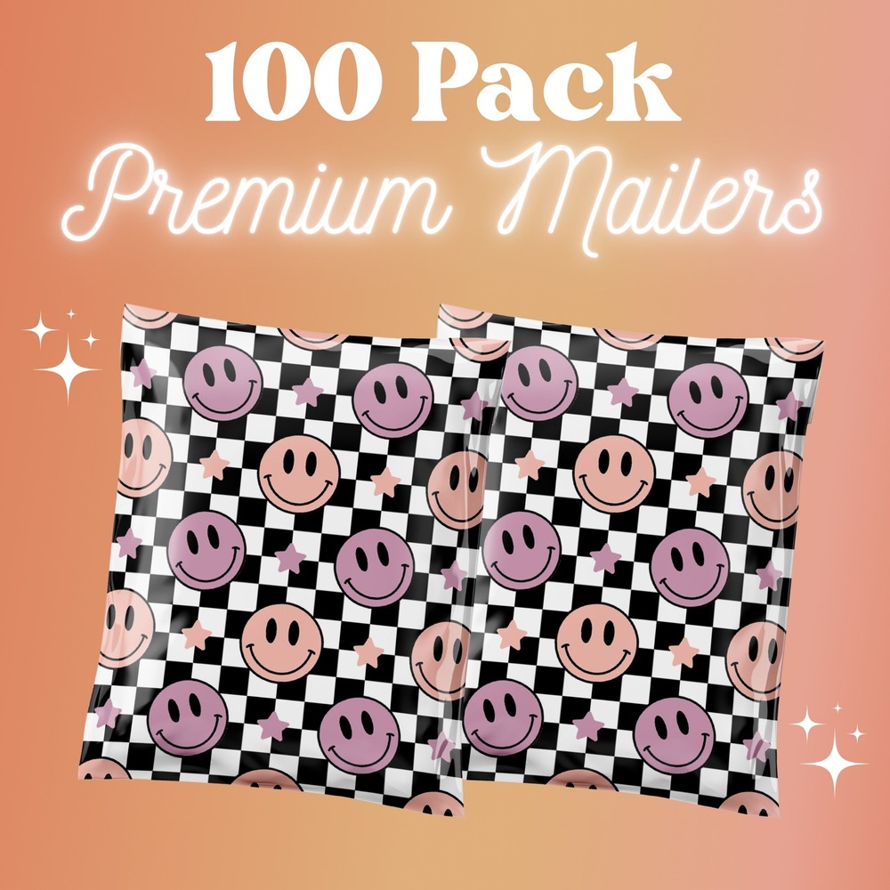Checkered Smiley Face Poly Mailers 10x13 Inch 100 Pack Shipping Supplies‎ Pastel